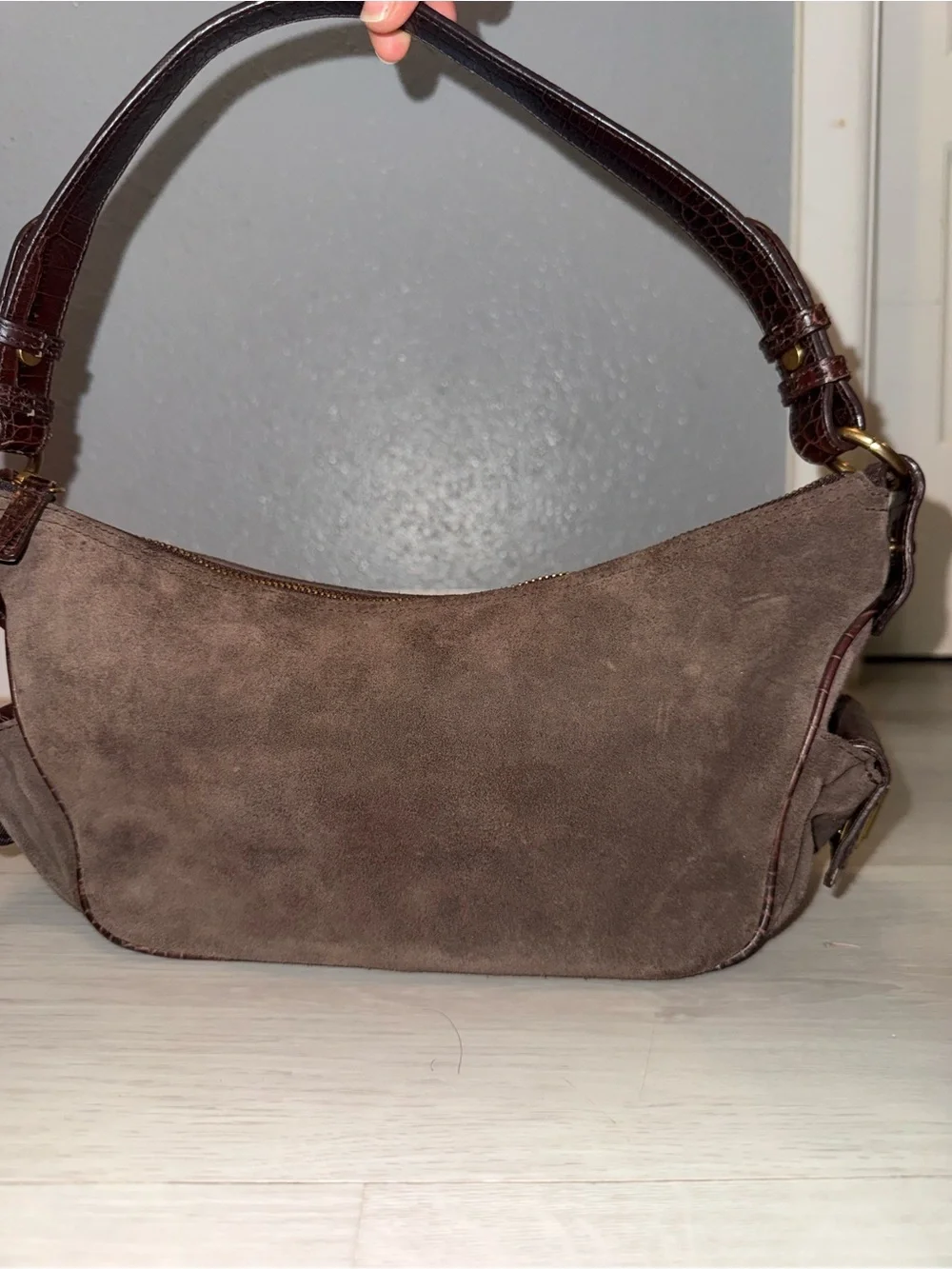 Ralph Lauren Brown Suede Shoulder Bag with Croc-Effect Strap
